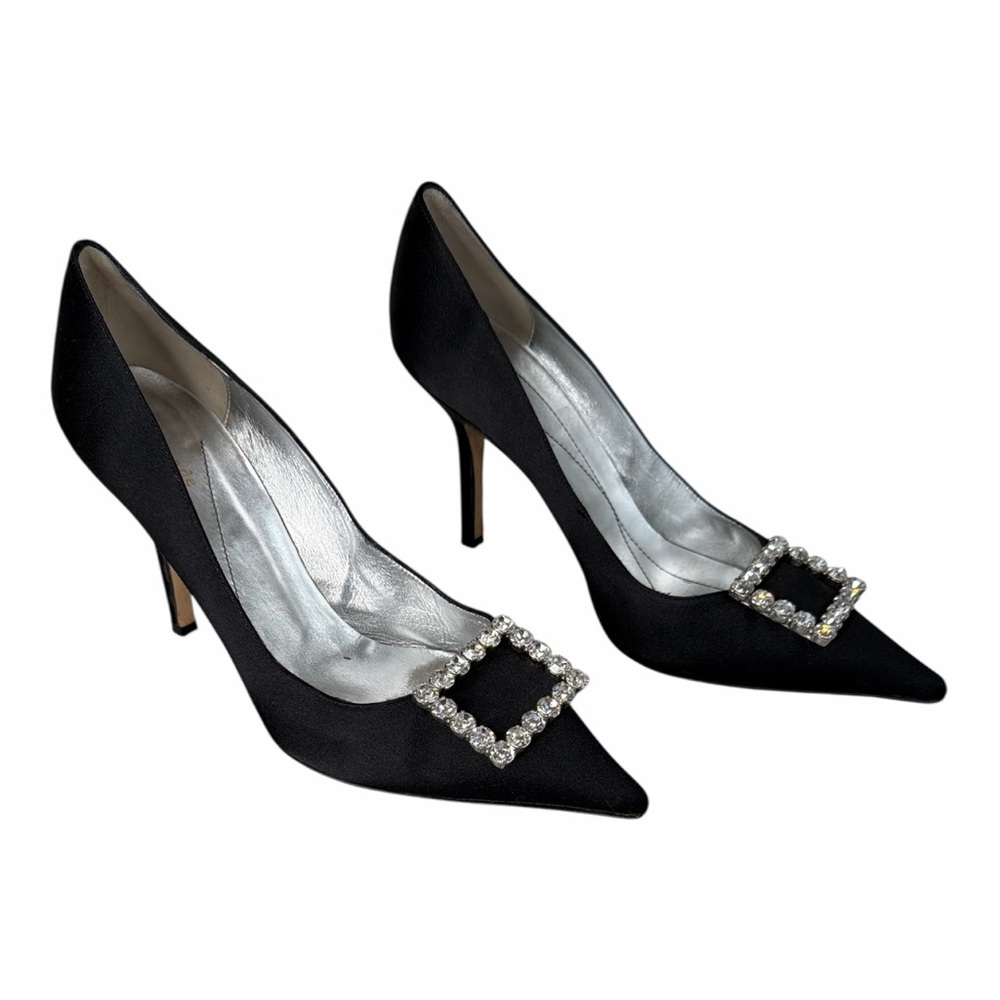 Kate Spade New York Black Satin Crystal Buckle Pointed Toe Stiletto Pumps Sz. 9B